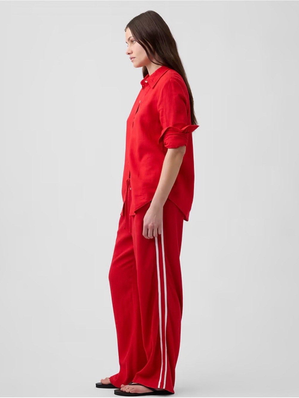 Gap Linen-Blend Stripe Wide-Leg Track Pants Summer Beachy NWT MT Red